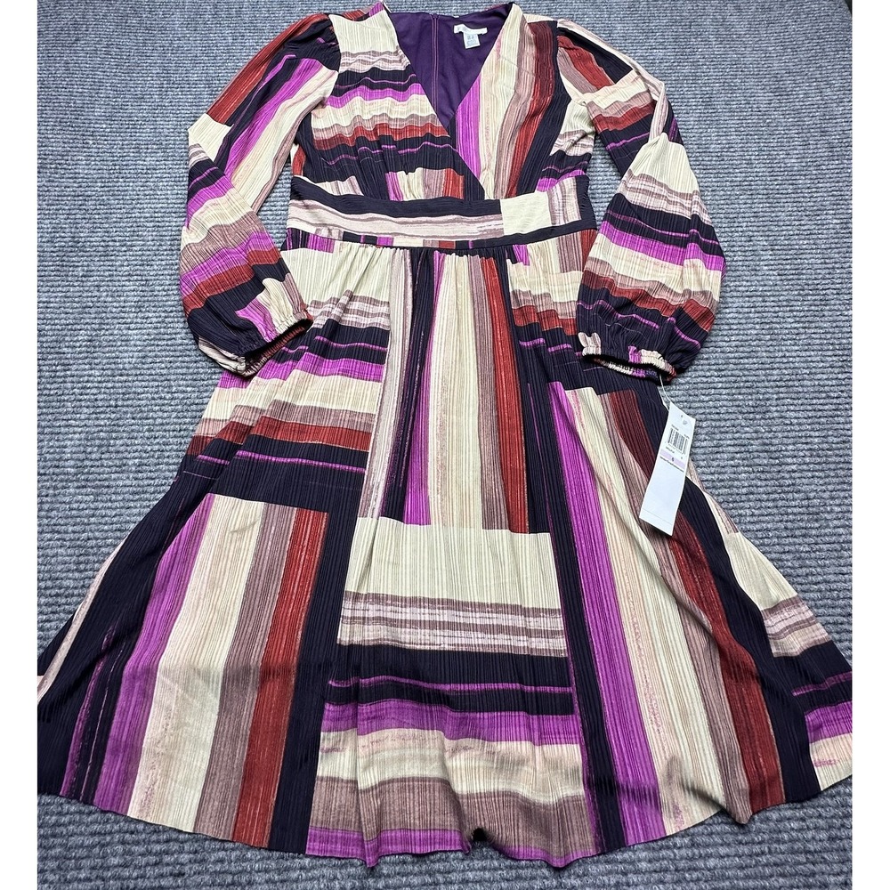 London Times Dress Womens 6 Multicolor Striped Long Sleeve Pleated Midi Boho New